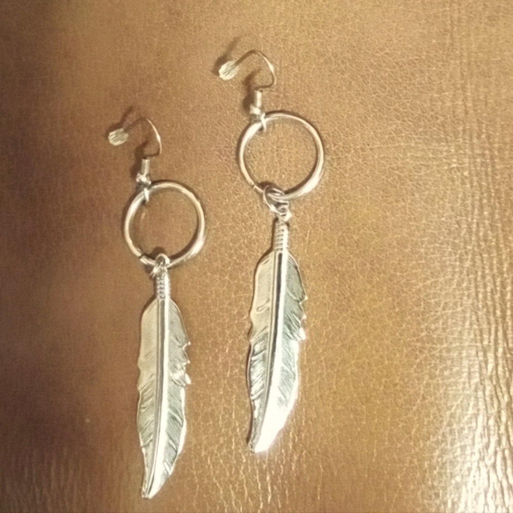 Vintage bohemian silver feather earrings